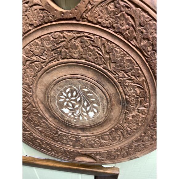 Carved Wood Tray with Inlaid Mother of Pearl Flowers 14.5" - Picture 2 of 7